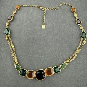 Gold Tone Necklace Multi Color Resin Stone Statement Faceted Jewel Tone Design